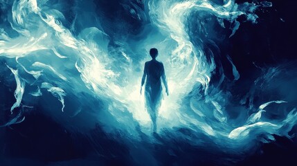 Obraz premium A solitary figure walks through glowing and swirling ethereal energy
