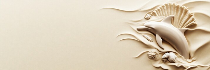 Beige dolphin bas-relief sculpture in sand with seashells.