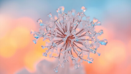 Extreme close-up of a cluster of delicate, translucent, and intricately branched ice crystals, with a colorful, bokeh background of warm and cool tones. The ice crystals are illuminated by soft,  