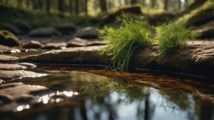 A serene natural scene featuring grass by a tranquil stream reflecting the surrounding forest.