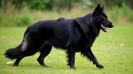 An all black shepherd dog walking on green grass.