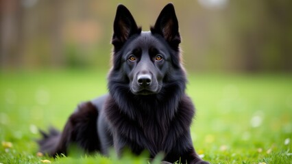 An all black shepherd dog with a shiny coat and alert ears lies on green grass, looking directly at the camera.