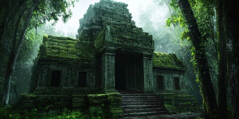 Fototapeta premium Hidden jungle temple covered in thick vines, ancient stone structures blending into the dense tropical forest