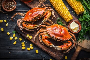 Gather around a rustic wooden table for a delightful feast of steamed crabs, butter, and corn on the cob. Generative AI