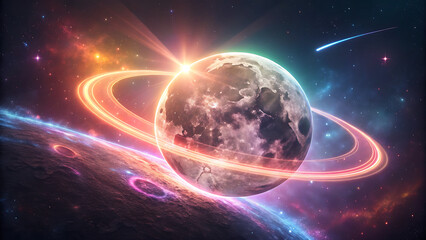 Neon solar moon eclipse effect with glowing light flares, creating a shining ring around a round moon-like sphere. The circular halo radiates with vibrant shine, cosmic atmosphere in space, vector
