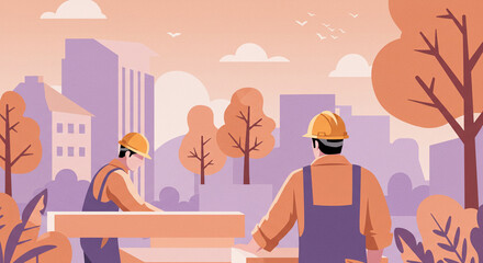 Construction workers in yellow helmets and workwear, busy at work on a construction site. Minimalistic illustration in pastel purple and orange colors