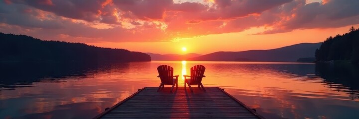 Sunset silhouettes two wooden chairs on a tranquil lake pier , water, nature