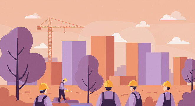 Ilustraci&oacute;n simple de trabajadores de la construcci&oacute;n en el trabajo con edificios en construcci&oacute;n de fondo. Estilo minimalista en colores pastel morado y naranja, elegantes