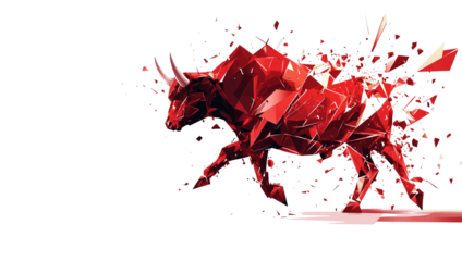 Abstract bull made of red triangles on a white background.
