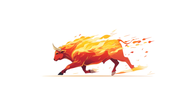 Abstract bull made of red triangles on a white background.
