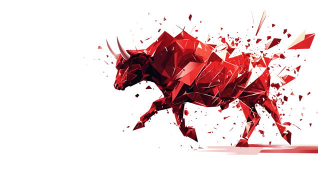Abstract bull made of red triangles on a white background.
