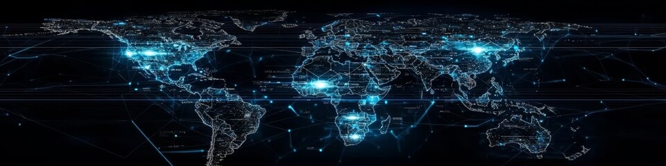 A dynamic and futuristic digital world map representing global business connections.