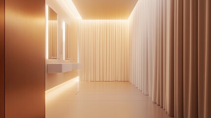 A smooth, white shower curtain in a sleek, contemporary bathroom with neutral walls, leaving plenty of open space for text or creative design.