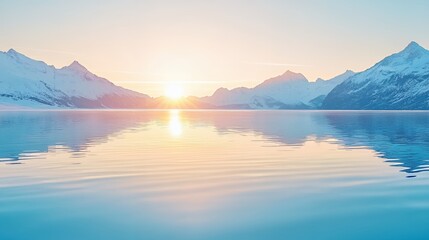 Fototapeta premium Serene Sunset Over Snowy Mountains and Calm Lake
