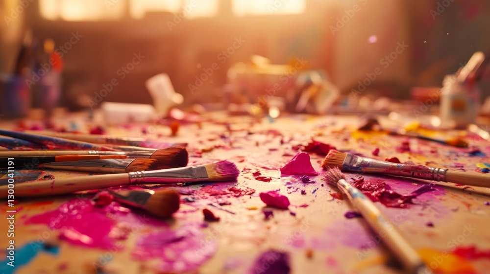 Poster close-up of an artist's palette showcasing vivid paint dabs and brushstrokes, complemented by paintb