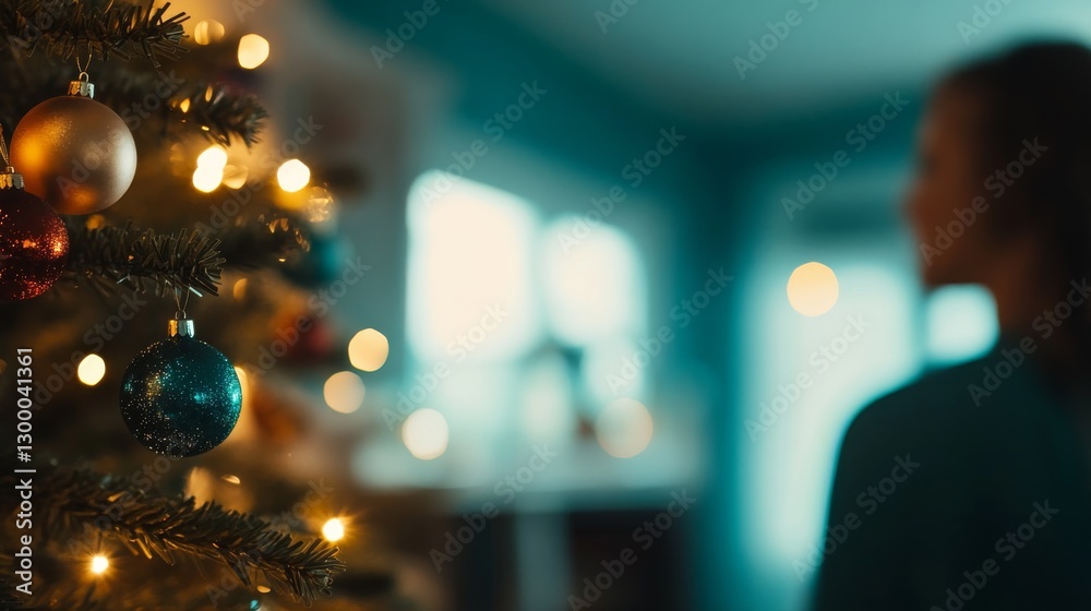 Aufkleber a colorful christmas tree decorated with shiny ornaments and bright lights stands in a warm room, cr