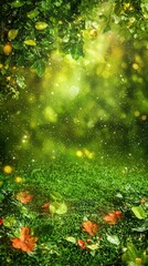 Obraz premium Magical autumn orchard, sunlight dappled grass, fallen leaves, nature background, ideal for fantasy, fairytale themes