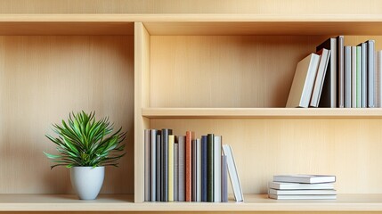 A wooden bookshelf filled with books and a small plant, with ample space around it for promotional or creative designs.