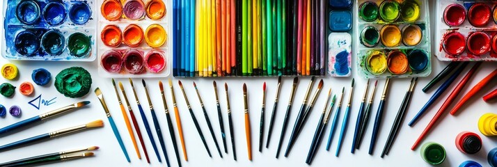 A vibrant collection of art supplies displayed on a white table.