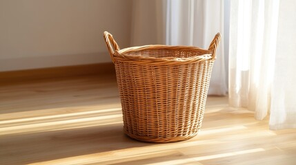 A woven laundry basket on a light-colored wood floor, with plenty of space around it, ideal for showcasing products or design elements.