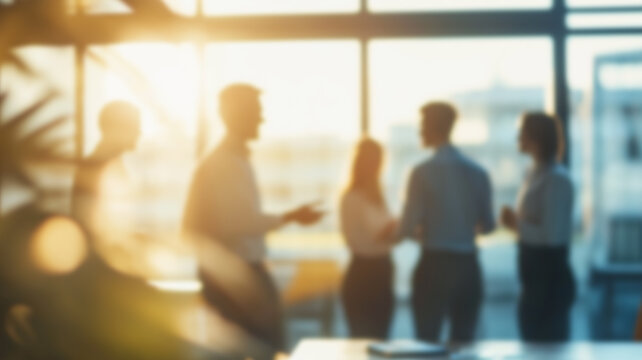 Blurry image of a group of business people standing in the office lobby. AI Generated Images