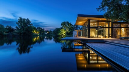 Modern Lake House at Dusk