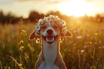 Golden hour in sunset. Holiday season happiness. Cute baby dog saluki wearing untamed flower circlet on its head. Floral wreath on a dogâ€™s head. Gentle summer breeze on a dogâ€™s fur.