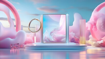 a phone in the dreamland scene with pastel colors, including clouds and various elements 