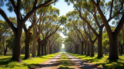 Obraz premium A scenic road lined with Australian trees, creating a natural tunnel effect under a clear sky.