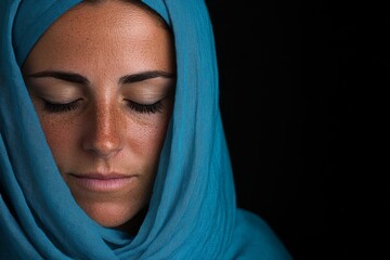 Naklejka premium A woman experiences tranquility with her eyes closed and mouth slightly open, partially covered by soft blue fabric, embodying a peaceful moment of relaxation