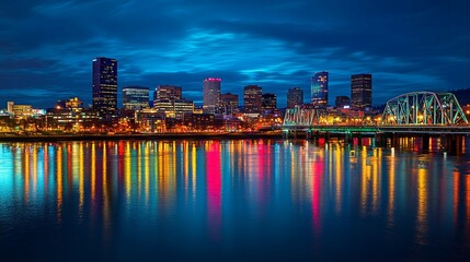 Night Lights: Vibrant Portland Skyline Reflecting in Calm Waters