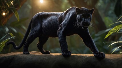 A black panther prowls on a log in a lush, illuminated jungle setting.