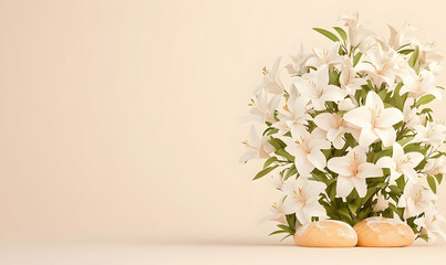 Elegant white flowers with smooth stones on a soft beige background