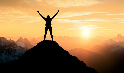 Silhouette of a Woman Celebrating Triumph on Mountain Peak at Sunset