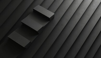 Obraz premium Dark graphite grey abstract background with geometric texture. Stepped rectangle blocks, diagonal stripes. Hard light with black shadows for luxury business style design. Minimal art wallpaper