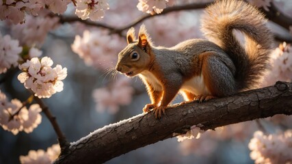 Fototapeta premium A squirrel perched on a branch amidst blooming cherry blossoms, capturing a serene moment.