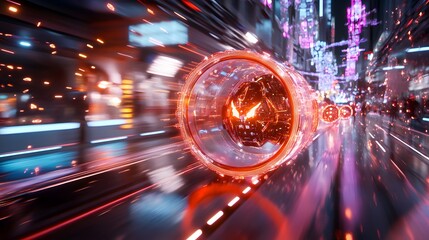 high-tech tunnel with glowing orbs and futuristic designs. The scene evokes a sense of speed and technological advancement
