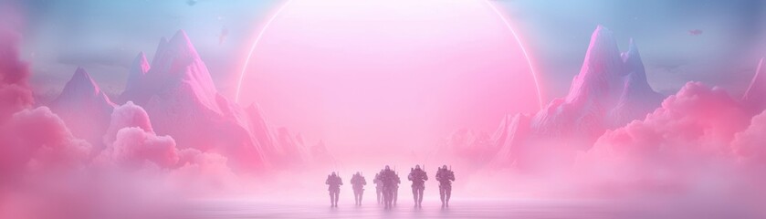 Fototapeta premium A group of silhouettes stands before a large, glowing sun, surrounded by soft, colorful clouds in a dreamy landscape.