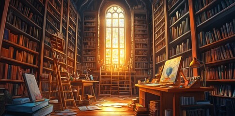 A sunlit library showcases bookshelves and artwork in a grand room