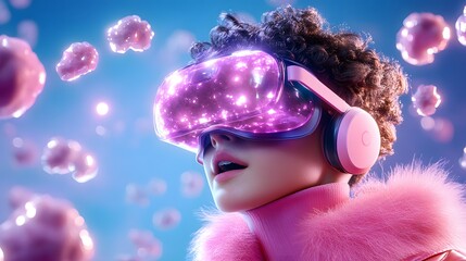 a woman wearing a VR headset and pink clothing, looks surprised, in a surreal futuristic environment. The scene is filled with floating objects and glowing effects.
