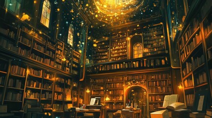 Obraz premium A magical library filled with books and warm illuminating light