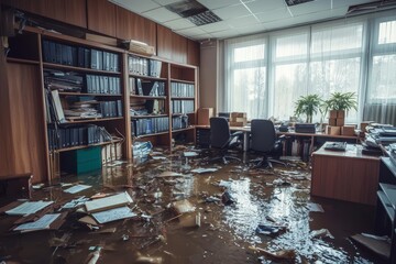 Water damage in an office setting due to flooding.