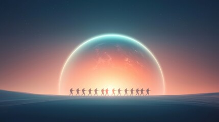 Silhouetted figures stand before a vast, colorful cosmic horizon, evoking a sense of wonder and exploration in a surreal landscape.