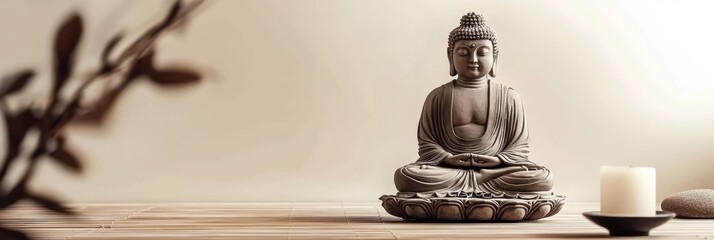 Tranquil imagery of a Buddha statue offers ample copy space for promoting mindfulness and meditation.
