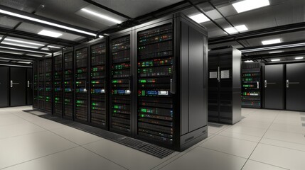 Naklejka premium Visualizing cloud computing server room 3d render digital space aerial view high-tech infrastructure