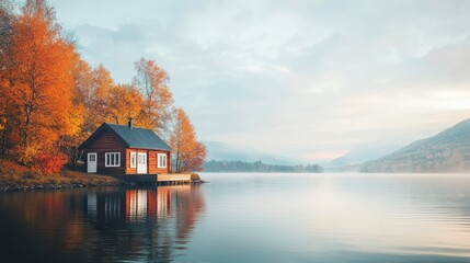 Obraz premium Tranquil Lake Landscape at Dusk with Rustic Cabins