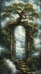 Ancient Stone Archway Overgrown With Lush Green Tree, Foggy Cloudscape Background