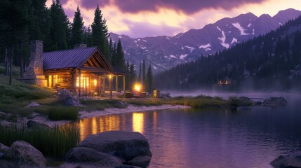 Fototapeta premium Tranquil Lake Scene at Dusk with Rustic Cabins