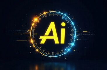 Futuristic ai symbol with digital glow in blue and yellow technology design