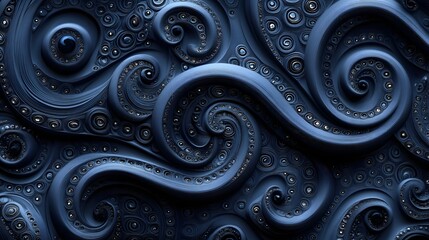 a dark blue abstract swirl pattern, the texture is like metal or stone, the pattern is highly decorative and intricate